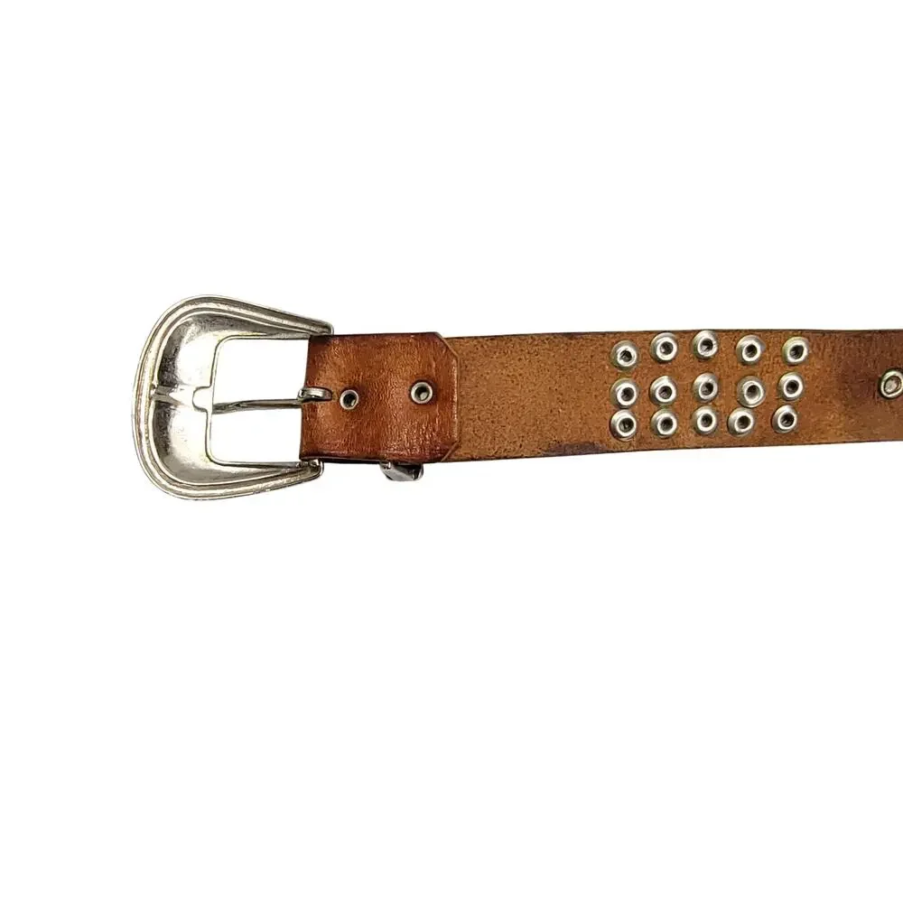 Vintage Brown Leather Studded Concho Belt Four Leaf Clover Silver Tone Boho